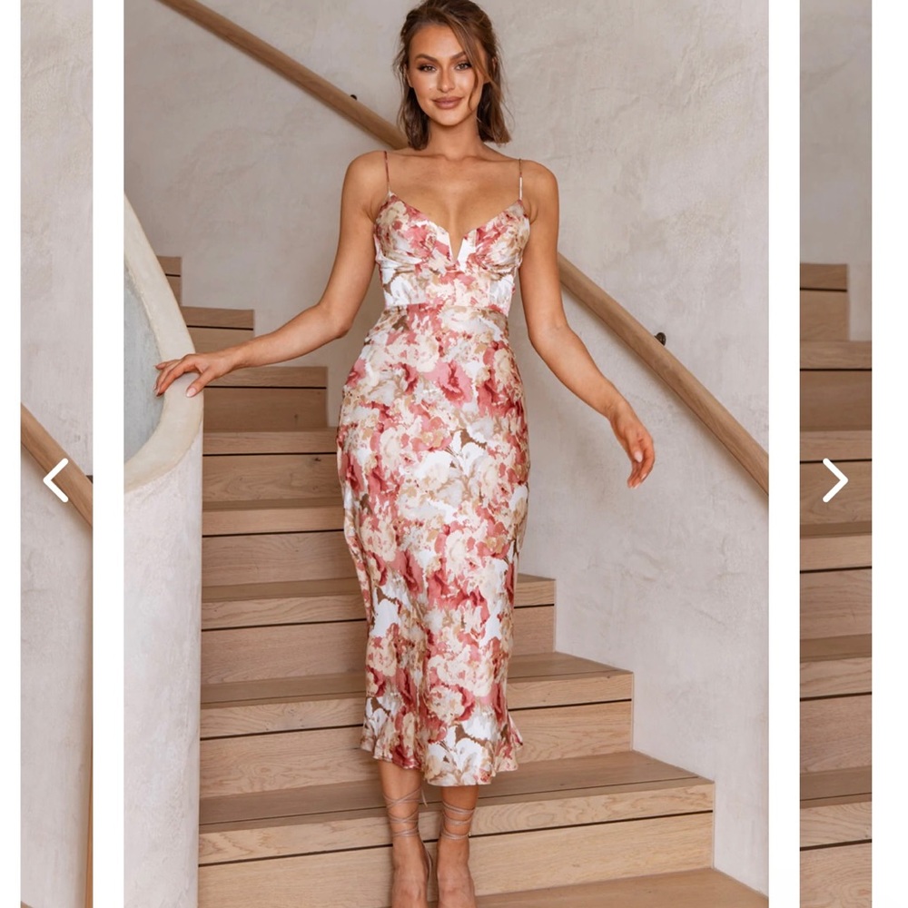 LAKE COMO FITTED BODICE CAMI STRAP MIDI DRESS ABSTRACT PRINT ROSE